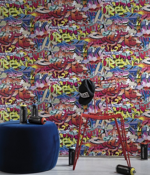 Graffiti multifarvet  - tapet - 10.05x0.53m - fra Tapetcompagniet